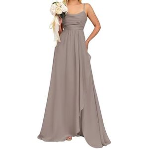Prinses Bruidsmeisjes Jurken Spaghetti Bandjes Galajurken Chiffon Formele Avondfeest Maxi Jurk met Split ZM192, Taupe, 32
