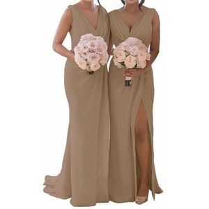 SAYNO Chiffon bruidsmeisjesjurk voor dames, met split, galajurken, plooien, cocktailjurk, grote maten, Taupe, 32