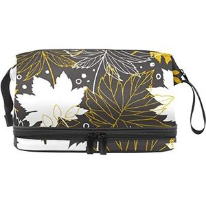 Grote capaciteit reizen cosmetische tas,Make-up tas,Waterdichte make-up tas Organizer, Wit Zwart Geel Esdoornblad, Meerkleurig, 27x15x14 cm/10.6x5.9x5.5 in