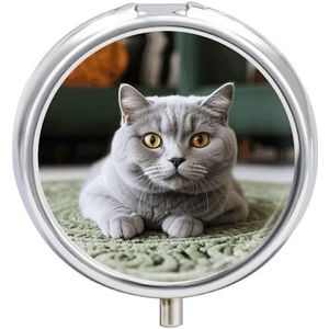 3 Compartiment Kleine Pillendoos Reizen Geneeskunde Pil Organizer met Spiegel Vochtbestendige Pillen Case Kat op Tapijt Draagbare Pocket Geneeskunde Organizer Ronde Vitamine Organizer Box