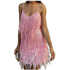 Vrouwen Feather Fringe Sequin Spaghetti Band Jurk, Sexy Diepe V-hals Bodycon Jurk Party Dancewear (Color : Pink, Size : S)