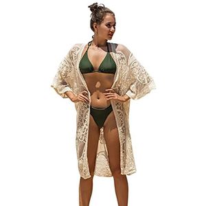 Leisofter Dames crochet kimono cardigan bikini cover up, zomer losse lange boho bikini cover-up, lichte vrouwen strandkleding bedekken, strandjurken, Bloem-beige, Eén maat