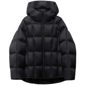 Dames Korte Capuchon Donsjas, Losse Pasvorm Witte Eendendons Gewatteerde Jas Winter Warm(Black,S)