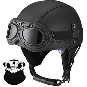 Lederen Halve Helmen Duitse Stijl Retro Motorfiets Helm ECE Goedgekeurd Mannen Vrouwen Vintage Open Helmen met Bril Half Shell Cap Bromfiets Helm voor Chopper Cruiser Scooter Fiets