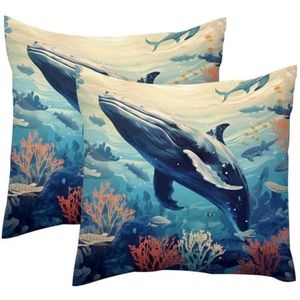 Walvis in oceaan, set van 2, vierkante kussenslopen, decoratieve zachte fluwelen kussensloop voor bank, bank, auto, woonkamer, 40 x 40 cm