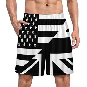 Witte en zwarte Britse en Amerikaanse vlag grappige pyjama shorts voor mannen pyjama bodems heren nachtkleding met zakken zacht