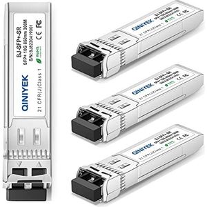QINIYEK 10GBase-SR SFP+ Transceiver, 10G Multimode SFP+ LC Module, 850nm MMF, tot 300 m, Compatibel met Cisco SFP-10G-SR, Ubiquiti UF-MM-10G, Fortinet, Mikrotik, Netgear, Supermicro (pakket van 4)