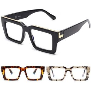 JM Leesbril voor dames met veerscharnier, ouderdomsverziendheid, blauw licht, voor heren, vierkant, te groot, 3 stuks, zwart + bruin + grijswit, 48mm x 36mm