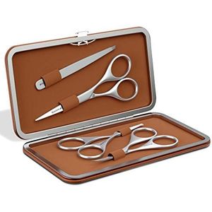 Suvorna baard- en snorset met baardschaar voor mannen, snorschaar, neusschaar, wenkbrauwschaar en pincet voor gezichtshaar | Kappersscharenset en haarscharenset. (Bruin)