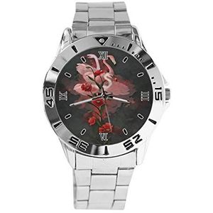 Flamingo Poppy Bloemen Mode Dames Horloges Sport Horloge Voor Mannen Casual Rvs Band Analoge Quartz Horloge, Zilver, armband