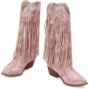 Dames Geborduurde Westernlaarzen, Modieuze Puntige Neus Blokhak Kwastjes Laarzen For Feestjes, Winkelen Of Dagelijks Gebruik(Pink,34 EU)