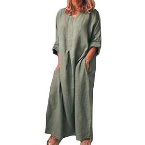 HAHAEMMA Damesjurken maxi-jurk losse jurk lange mouwen retro linnen katoen lange jurken elegante blouse brede casual zomerjurk dames plus size, groen, XL