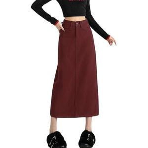 Dames Casual Mid Denim Rokken Achtersplit Hoge Taille A-Lijn Losse Pasvorm Rechte Lange Jeansrokken Met Zakken,Rood,L