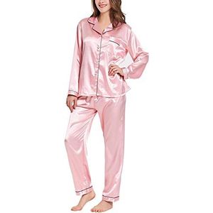 Ladieshow Vrouwen Pyjama Satijn Dames Pj Set Lange Mouw Nachtkleding Tweedelige Set, roze, M