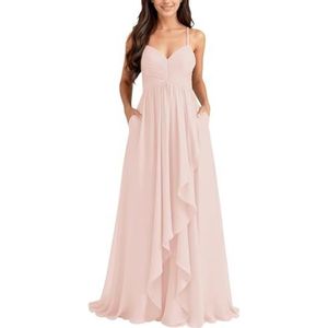 KURFACE Chiffon bruidsmeisjesjurk met split geplooide A-lijn bruidsmeisje formele avondjurk, Lichtroze, 32