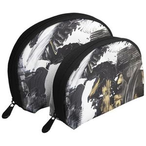 Make-uptas, cosmetische reistas, 2 stuks draagbare clutch pouch-set Pouch Organizer Abstract zwart en wit met goud acryl schilderij, zoals afgebeeld, Eén maat