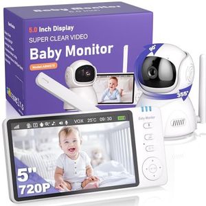 OBVHNUA 5-inch Babyfoon met Camera 720P Basisbabyfoon met Babyfoon Geen Wifi Zoom Nachtzicht 360° Pan/tilt VOX-Tntercom 8 Slaapliedjes 5 Alarmen