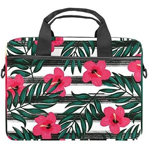 Tropische Bladeren Rode Bloemen Zwarte Strepen Laptop Schouder Messenger Bag Crossbody Aktetas Messenger Sleeve voor 13 13.3 14.5 Inch Laptop Tablet Beschermen Tote Bag Case, Meerkleurig, 11x14.5x1.2in /28x36.8x3 cm