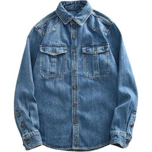 Heren vintage casual denim blouses heren gewassen cargo oversized denim shirt jas tops heren losse kleding, Blauw, S