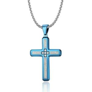 Blauwe Frosted Cross hanger mannen kettingen roestvrij staal kristal mannelijke religieuze sieraden