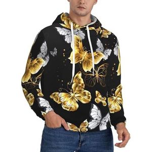 KLJnmbb Goud Wit Vlinders Zwarte Print Mannen Hooded Pullover Zachte Comfortabele Voor Winter Herfst Lente Casual Dagelijkse Slijtage, Zwart, XS