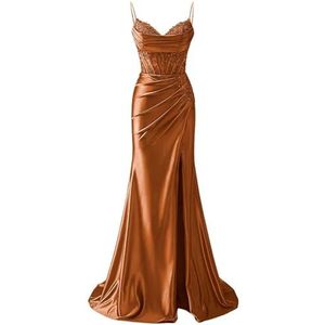 YIANN Satijnen baljurk met spaghettibandjes voor dames, met split, kant, applicatie, zeemeermin, lange baljurk, formele jurk, Verbrand Oranje, 32