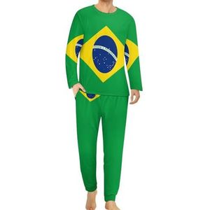 Comfortabele herenpyjama met Braziliaanse vlag, ronde hals, lange mouwen, loungewear met zakken, M