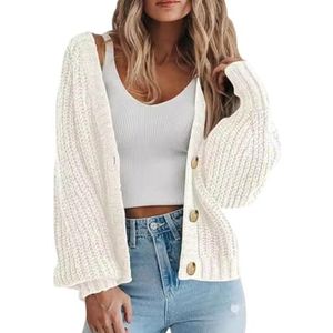 UPPJPBSW Dames Chunky Knit Trendy Casual Lantaarn Cardigans Trui Lange Mouw Open Voor Knopen Gebreide Bovenkleding Jassen,Wit,3X Large
