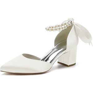 Dames Mid Chunky Blokhakken Trouwjurk Schoenen Parels Enkelbandje Bruidspumps Puntige neus Avondfeest Sandalen,ivoor,36 EU