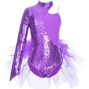 Gymnastiekpak voor kinderen, pailletten, glitter, tule met rok, tutu, balletbody, kinderen, asymmetrische mouwen, gymnastiekpak, balletpak, danspak, skating, kostuum voor meisjes van 6-16 jaar
