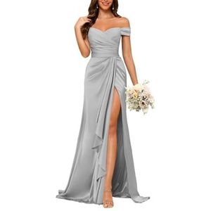 KURFACE Satijnen baljurken met split voor dames, mouwloos, lange formele avondjurk, Zilver, 32