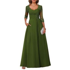 Dames chiffon moeder van de bruid jurk voor bruiloft ruches galajurken cocktailjurk plus size, Olijfgroen, 32