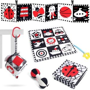PQETBV zwart-wit baby sensory boek, baby sensory boeken met spiegel, voor autostoel, pluche rammelaars voor kinderen van 0, 3, 6, 9 tot 12 maanden, pasgeboren, pasgeboren