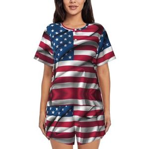 YQxwJL American Flag2 Print Vrouwen Pyjama Sets Shorts Korte Mouw Lounge Sets Nachtkleding Casual Pjs Met Zakken, Zwart, S