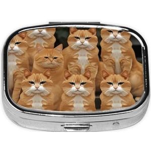 Oranje kattenprint, vierkante pillendoos met 2 compartimenten, draagbare mini-pillenetui, metalen pillenorganizer, pillencontainer voor zaktas, kantoor, reizen