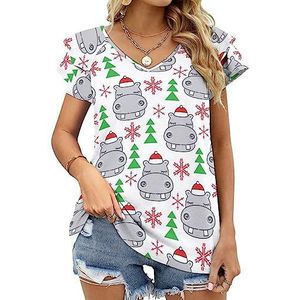 Kerstmis nijlpaarden met kerstmutsen dames casual tuniek tops ruches korte mouwen T-shirts V-hals blouse T-shirt