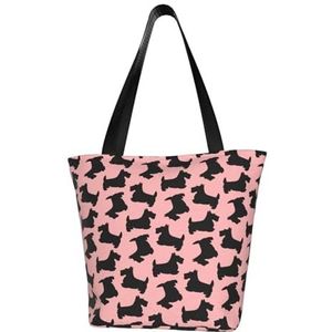 Schoudertas, canvas draagtas grote tas vrouwen casual handtas herbruikbare boodschappentassen, Schotse terriër patroon roze zwart, zoals afgebeeld, Eén maat