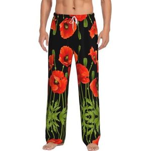 Dexnel Lente Rode Bloemen Zachte Pyjama Broek Voor Mannen,Klassieke Slaapbroek Comfortabel, Polyester Pyjama Broek Met Zakken, Wit, S