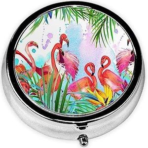 Geschilderde Flamingo Gedrukt Pil Doos 3 Component Mini Kleine Pil Case Leuke Pil Organizer Draagbare Ronde Pil Container Houder om Vitaminen Medicatie vast te houden