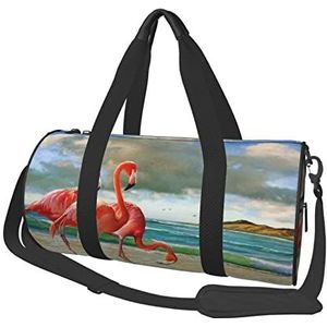 Flamingo's op het strand bedrukte reistas gym sportuitrusting tas multi pocket reizen plunjezak voor opslag sport camping, Zwart, One Size