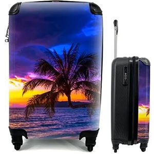 MuchoWow® Koffer - Palmboom - Paars - Zonsondergang - Strand - Zee - Past binnen 55x40x20 cm en 55x35x25 cm - Handbagage - Trolley - Fotokoffer - Cabin Size - Print