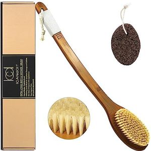 ICANdOIT Antislip badborstel met extra lange handgreep, gebogen handgreep voor exfoliëren, natuurlijke zwijnenborstel met normale sterkte voor gebruik op de rug, nat of droog (1 stuks)