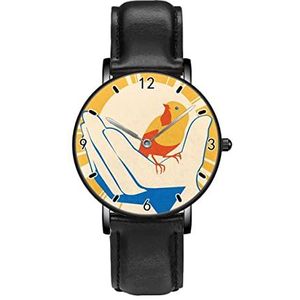 Gele Vogel In Hand Poster Persoonlijkheid Zakelijke Casual Horloges Mannen Vrouwen Quartz Analoge Polshorloges, Zwart