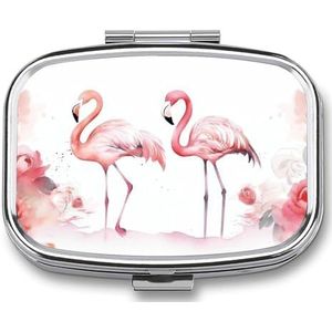 Flamingo's pillenetui met 2 compartimenten, pillenorganizer, draagbare vierkante pillendoos, vitaminepillenorganizer voor zakportemonnee en reizen