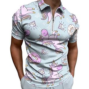 Roze Eenhoorns Donuts Regenboog Heren Polo Shirt met Rits T-shirts Casual Korte Mouw Golf Top Classic Fit Tennis Tee