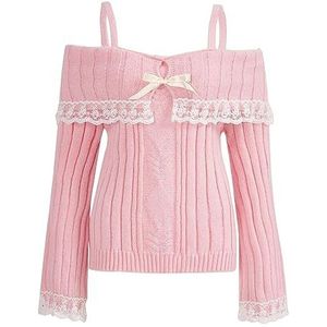 HodJIU Y2k Kawaii-trui met lange mouwen voor dames, off-shoulder met kant, gebreide trui, top, herfst, winter, gebreide trui, roze, L