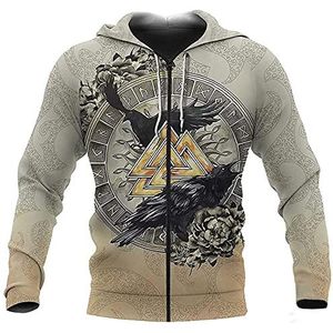 Mannen Viking Celtic Wolf Tattoos Full Zip Hoodie Jas, Nordic Rune Odin Crow Valknut Tattoos Hoodie Pullover Sweatshirt, Winter Vintage Losse Lange Mouwen Tops