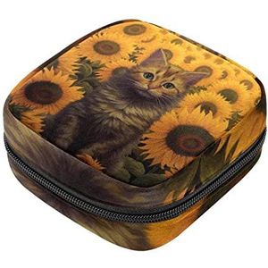 Maandverband Opbergtas, Zonnebloem Bloeiende Kat Menstruatie Cup Pouch, Draagbare Maandverband Pads Opbergzakken Vrouwelijke Menstruatie Eerste Periode Tas voor Tiener Meisjes Vrouwen Dames