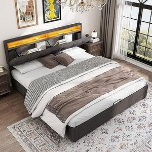 Mielvu Gestoffeerd bed met ledverlichting, hydraulisch opbergbed met bedlade, laden en opbergvakken, opbergbaar hoofdeinde van schuim, tweepersoonsbed van stalen frame, linnen, 180 x 200 cm, grijs