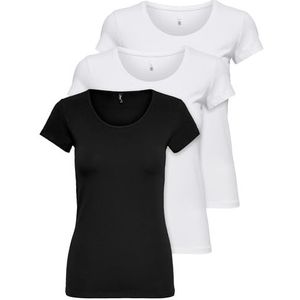 ONLY 15209153 Dames-T-shirt met korte mouwen, lange basic zomer-T-shirts, maten XS / S / M / L / XL, zwart of wit, set van 3 stuks, Kleur Mix 2, S